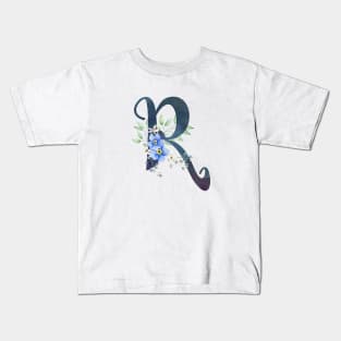 Floral Monogram R Wild Blue Flowers Kids T-Shirt